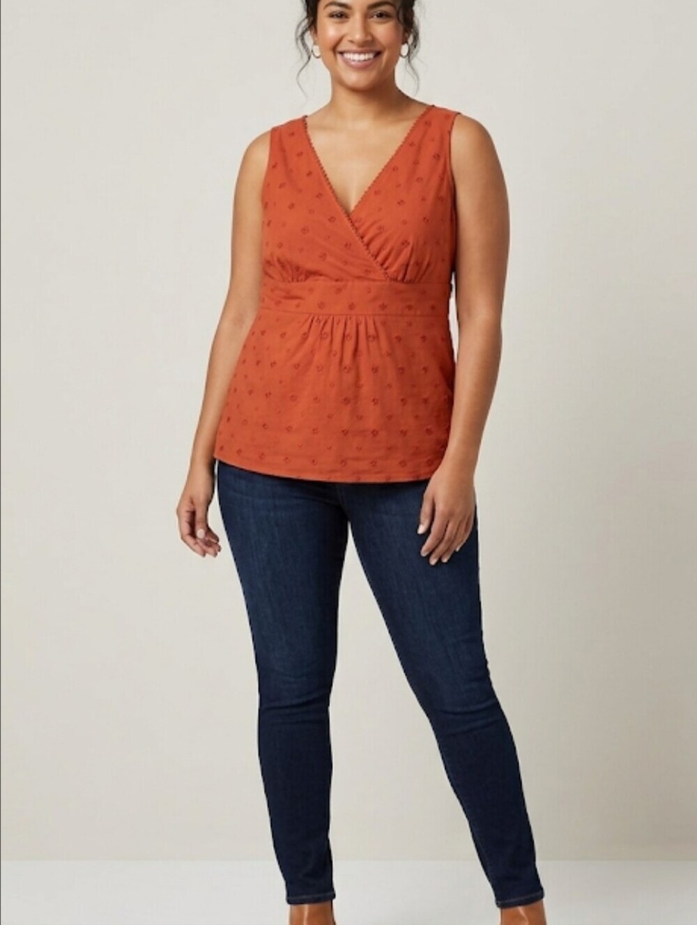 Ann Taylor Loft Rust Orange Embroidered Sleeveless Faux Wrap Front Top Size 12